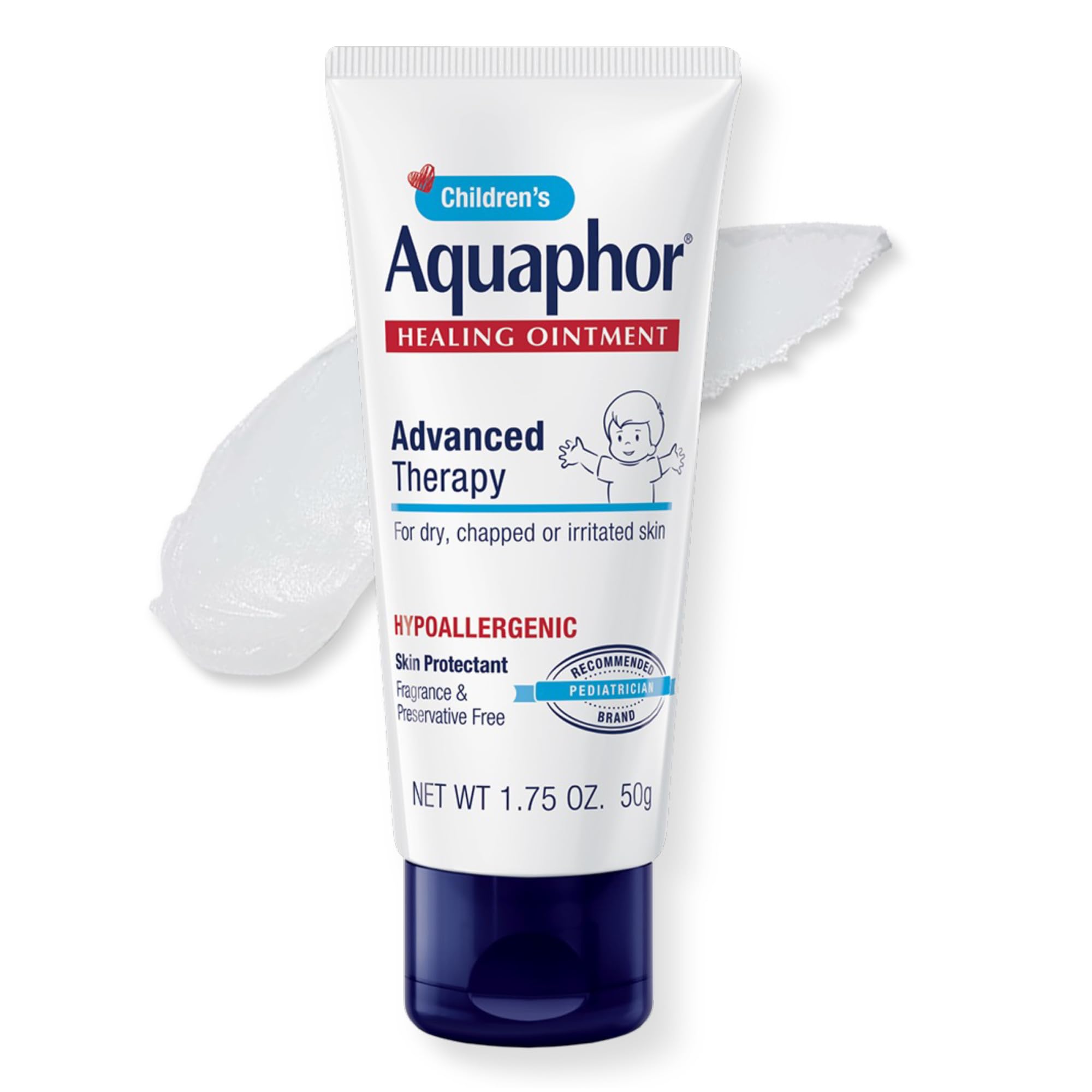 Aquaphor Children's Healing Ointment tube front, compact size for on-the-go dry skin relief.