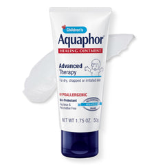 Aquaphor Children's Healing Ointment tube front, compact size for on-the-go dry skin relief.