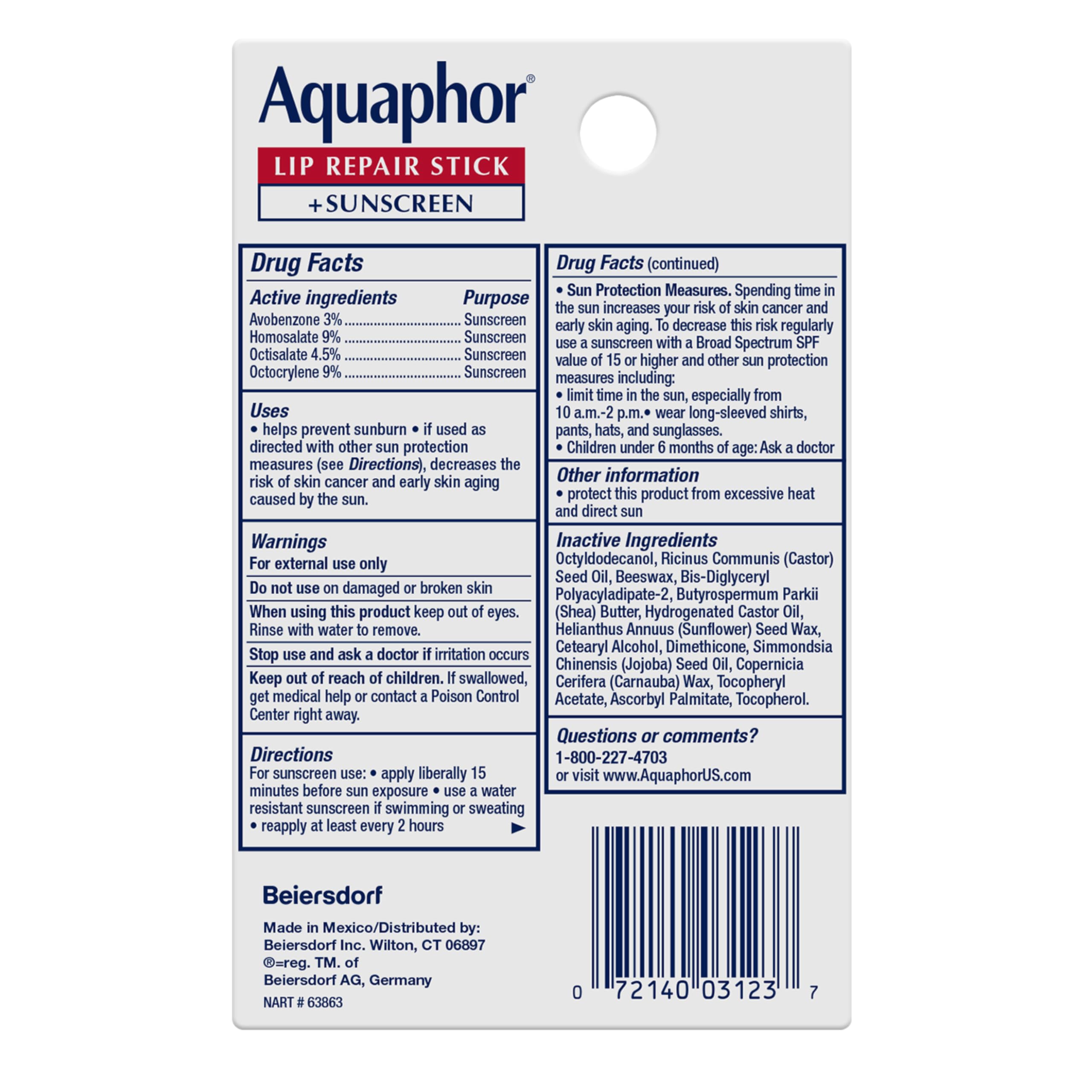 Label on Aquaphor set reads fragrance-free and paraben-free for sensitive lips.