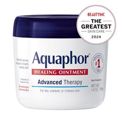 Close-up of Aquaphor Healing Ointment jar highlighting creamy texture