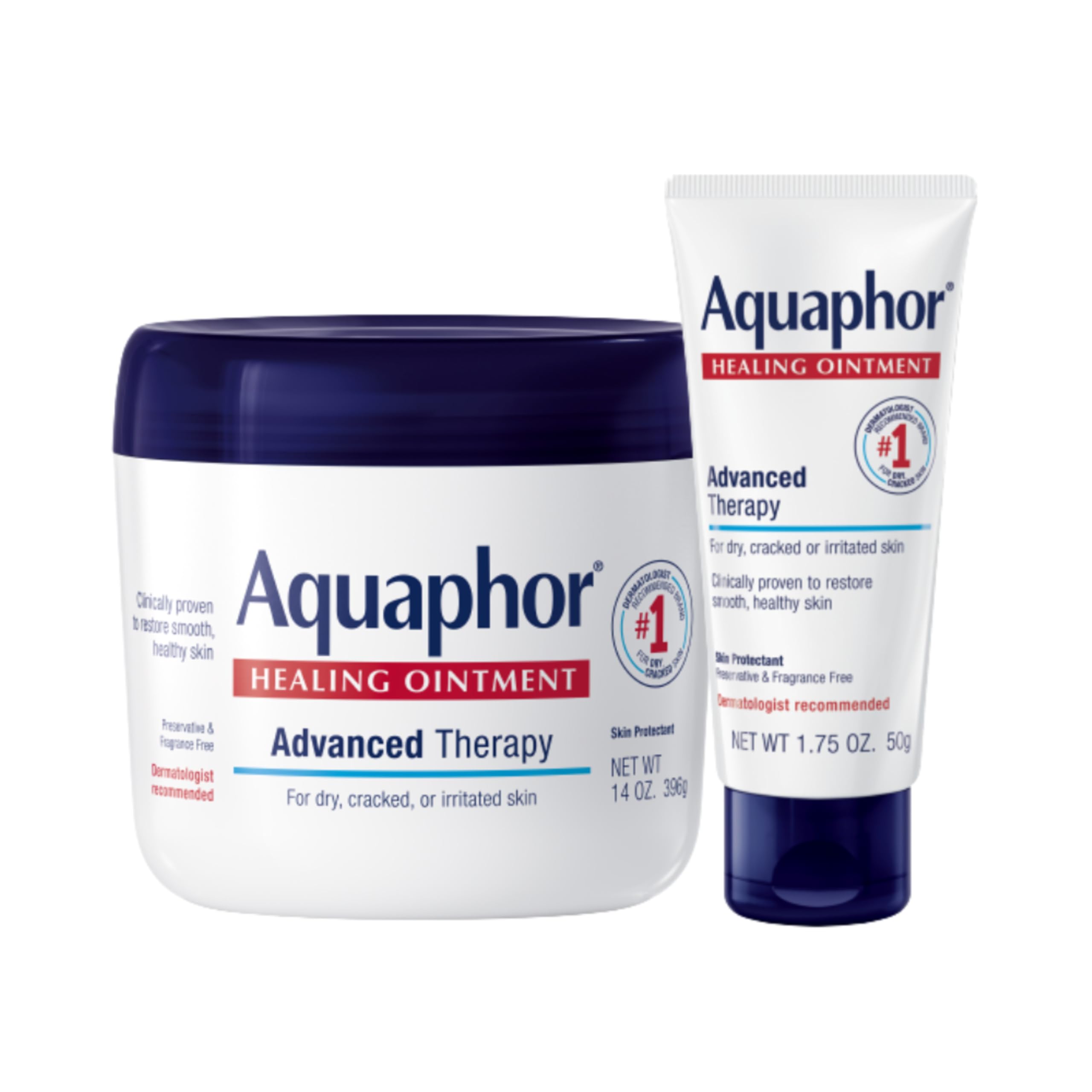 Aquaphor Healing Ointment jar and tube soothing dry skin and minor wounds.