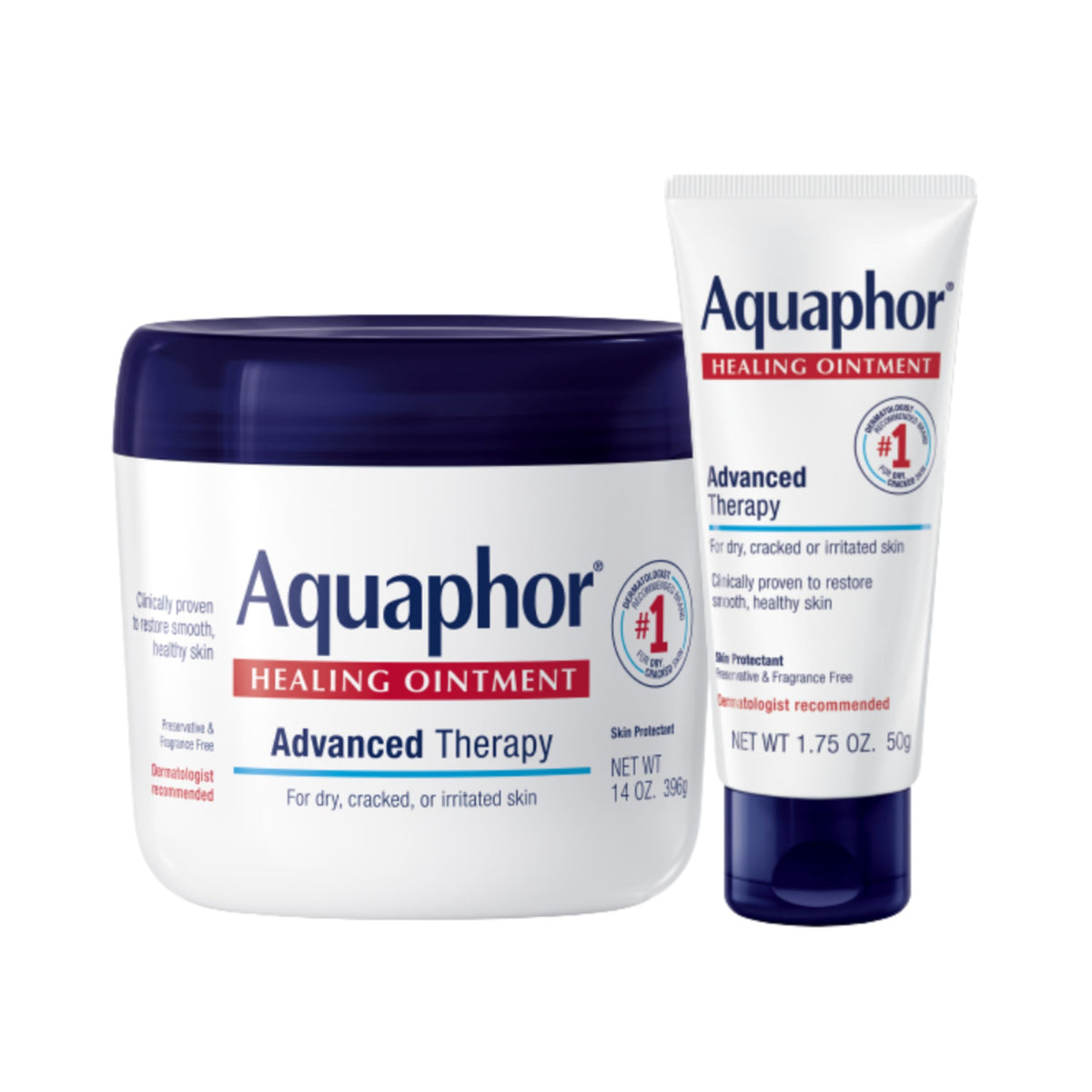 Aquaphor Healing Ointment jar and tube soothing dry skin and minor wounds.
