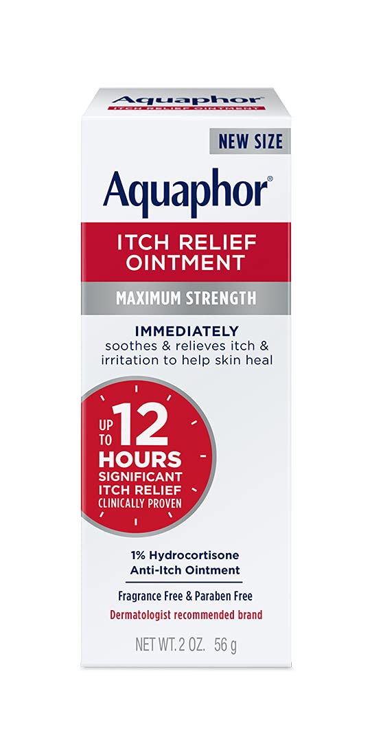 Aquaphor Itch Relief Ointment tube front view showing 2 oz size for itch relief.