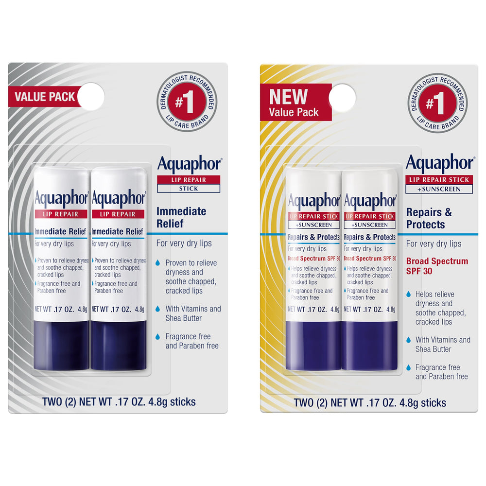 Aquaphor Lip Repair Stick SPF 30 close-up showing nourishing formula for dry lips.