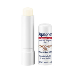 Coconut oil and shea butter nourish lips with Aquaphor lip repair.