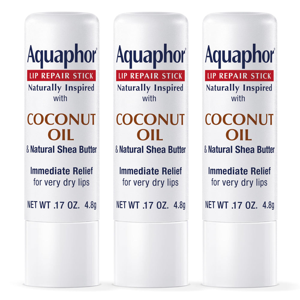 Aquaphor Lip Repair Stick packaging highlights compact portability.