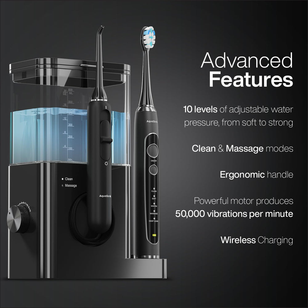 Aquasonic Black Series Pro toothbrush with 50k vibrations for efficient brushing.