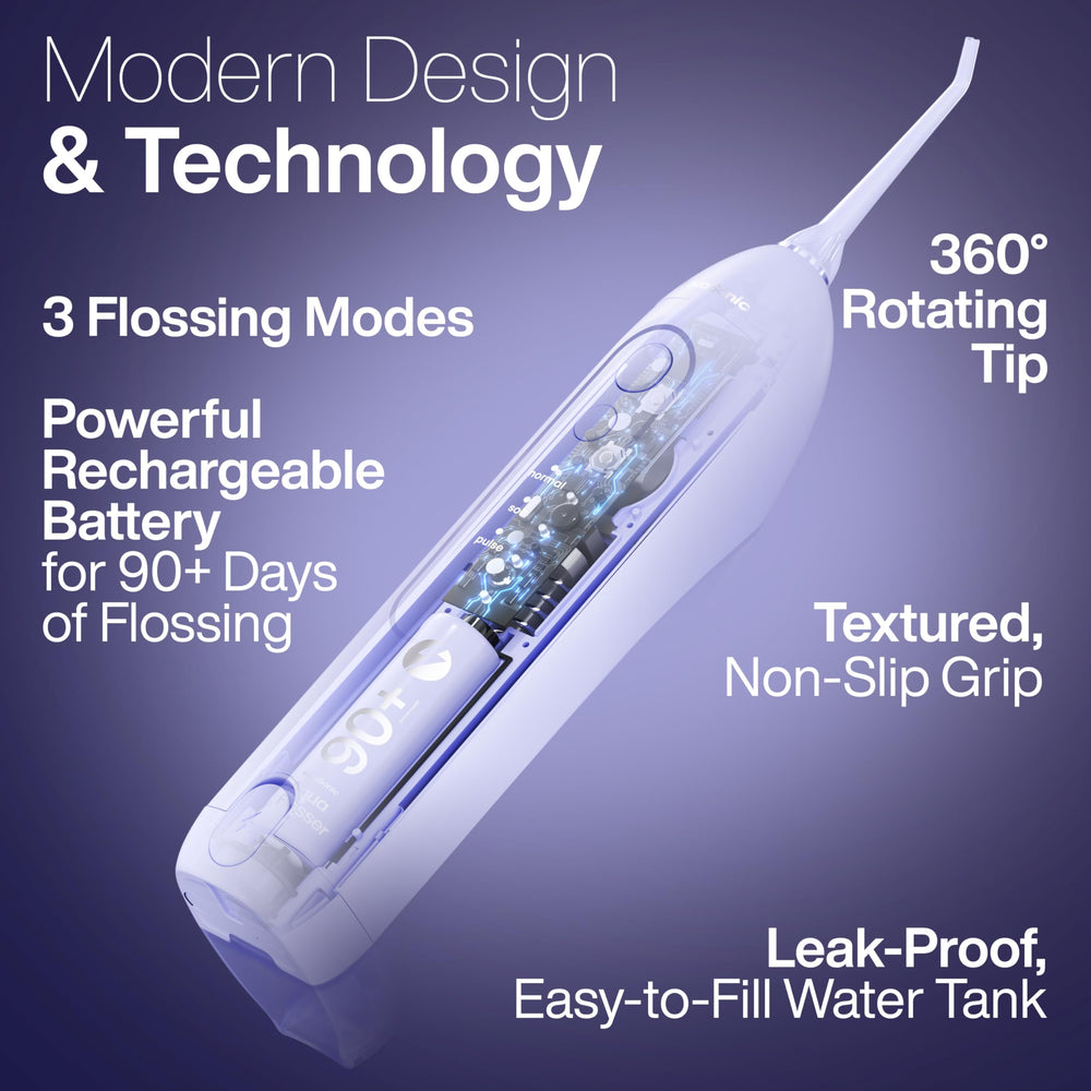 Aquasonic Icon Water Flosser lilac showing rechargeable battery for cordless use