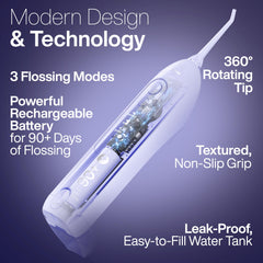 Aquasonic Icon Water Flosser lilac showing rechargeable battery for cordless use