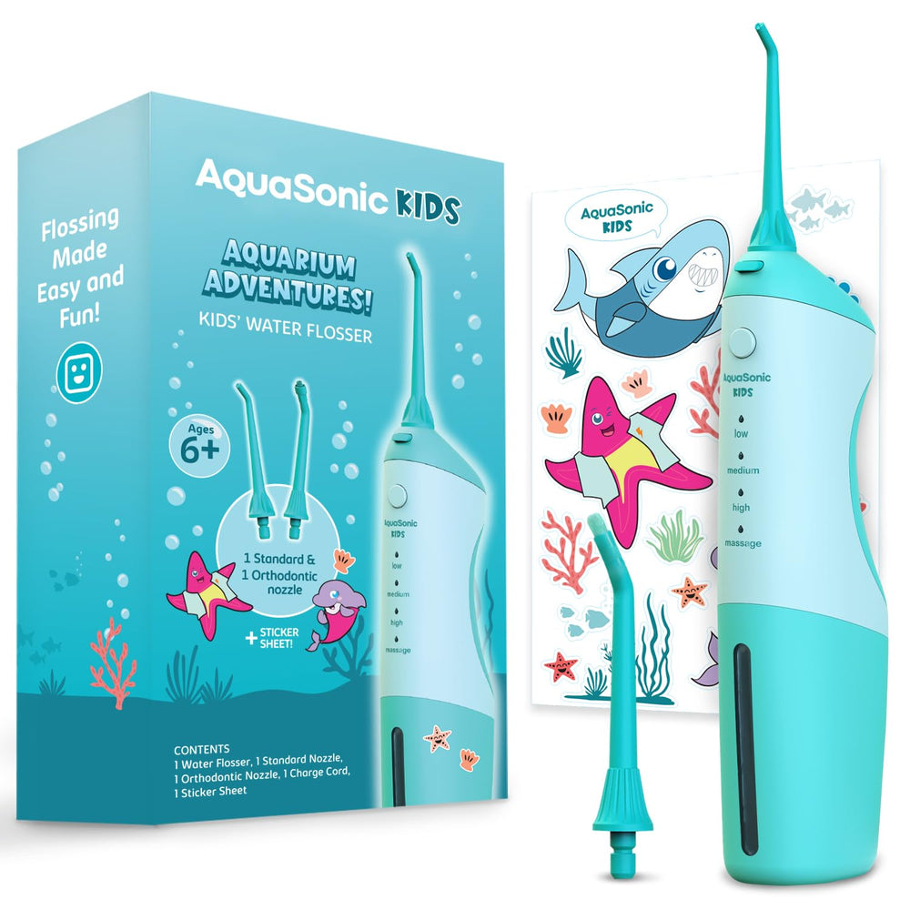 AquaSonic Kids' Water Flosser in Aquarium Adventures blue with kid-friendly grip