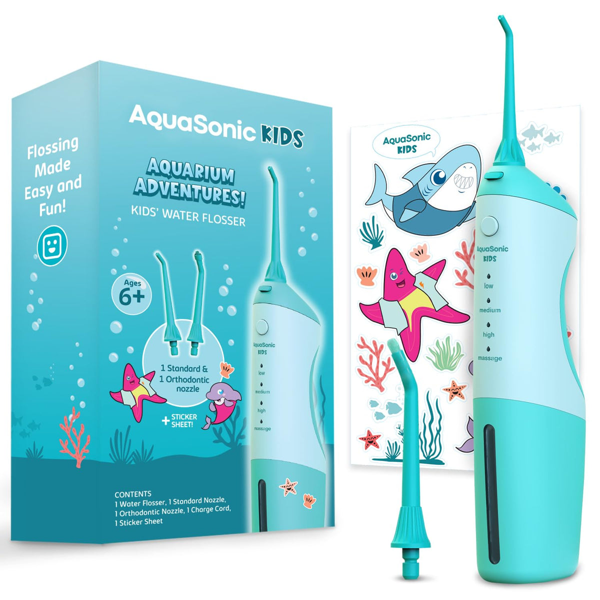 AquaSonic Kids' Water Flosser in Aquarium Adventures blue with kid-friendly grip