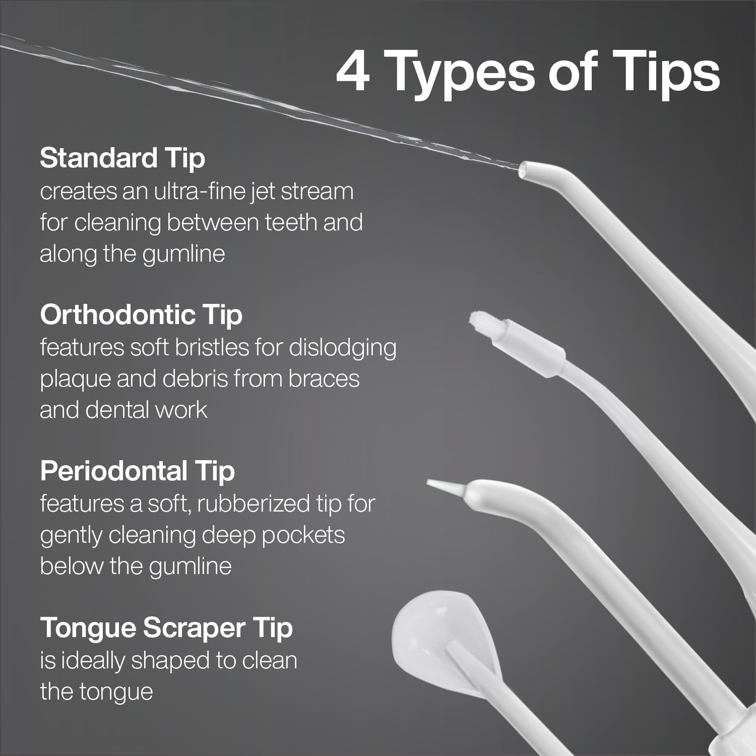 Aquasonic Periodontal tip targets gums and hard-to-reach spots.