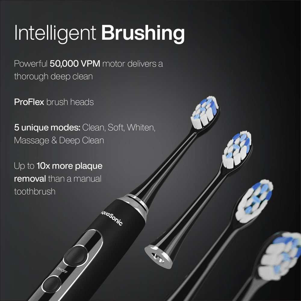 Aquasonic ProFlex brush heads pack for versatile cleaning options.
