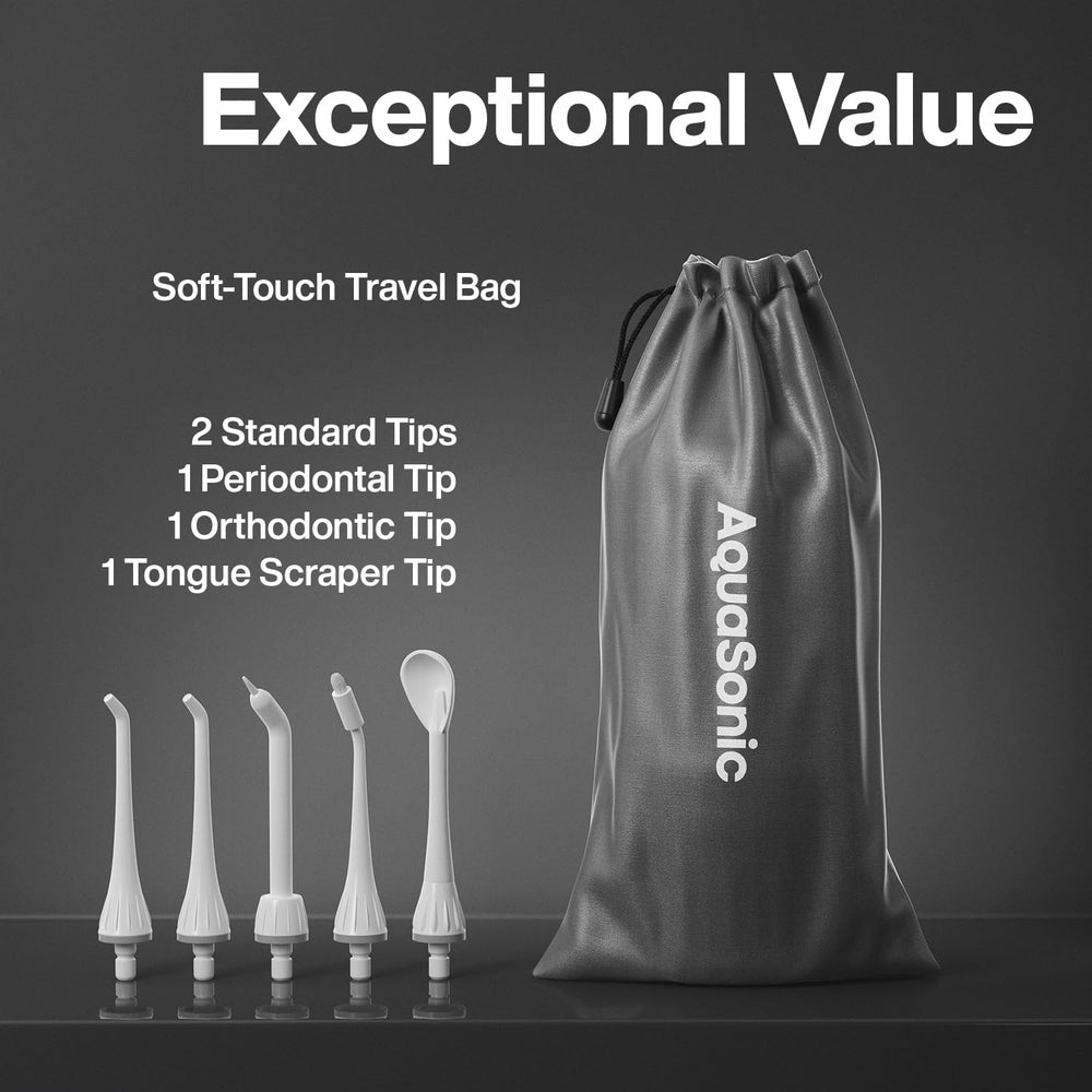Aquasonic Water Flosser 360-degree rotating tips reach hard-to-clean areas.