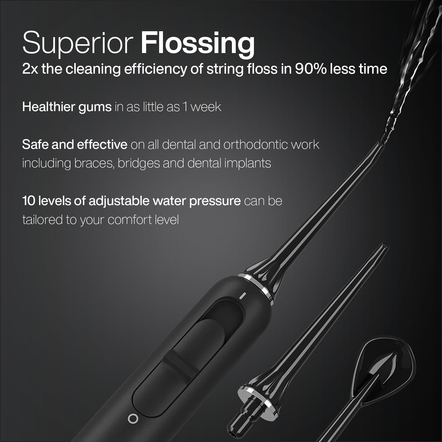 Aquasonic water flosser jet tips and 600ml tank for adjustable pressure.