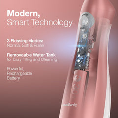 Aquasonic Water Flosser rechargeable battery for weeks of cordless use between charges.