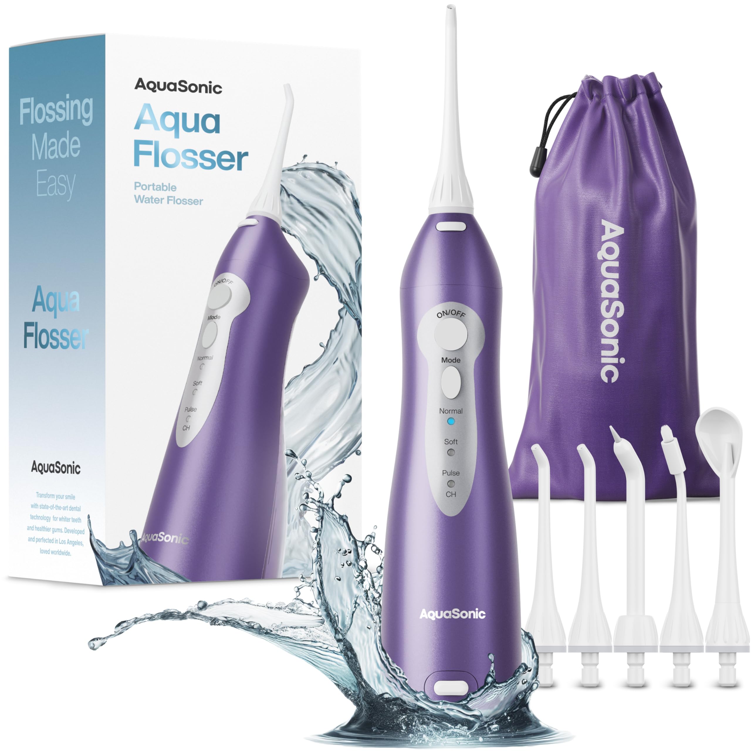 Aquasonic water flosser with rechargeable battery for portable cleaning