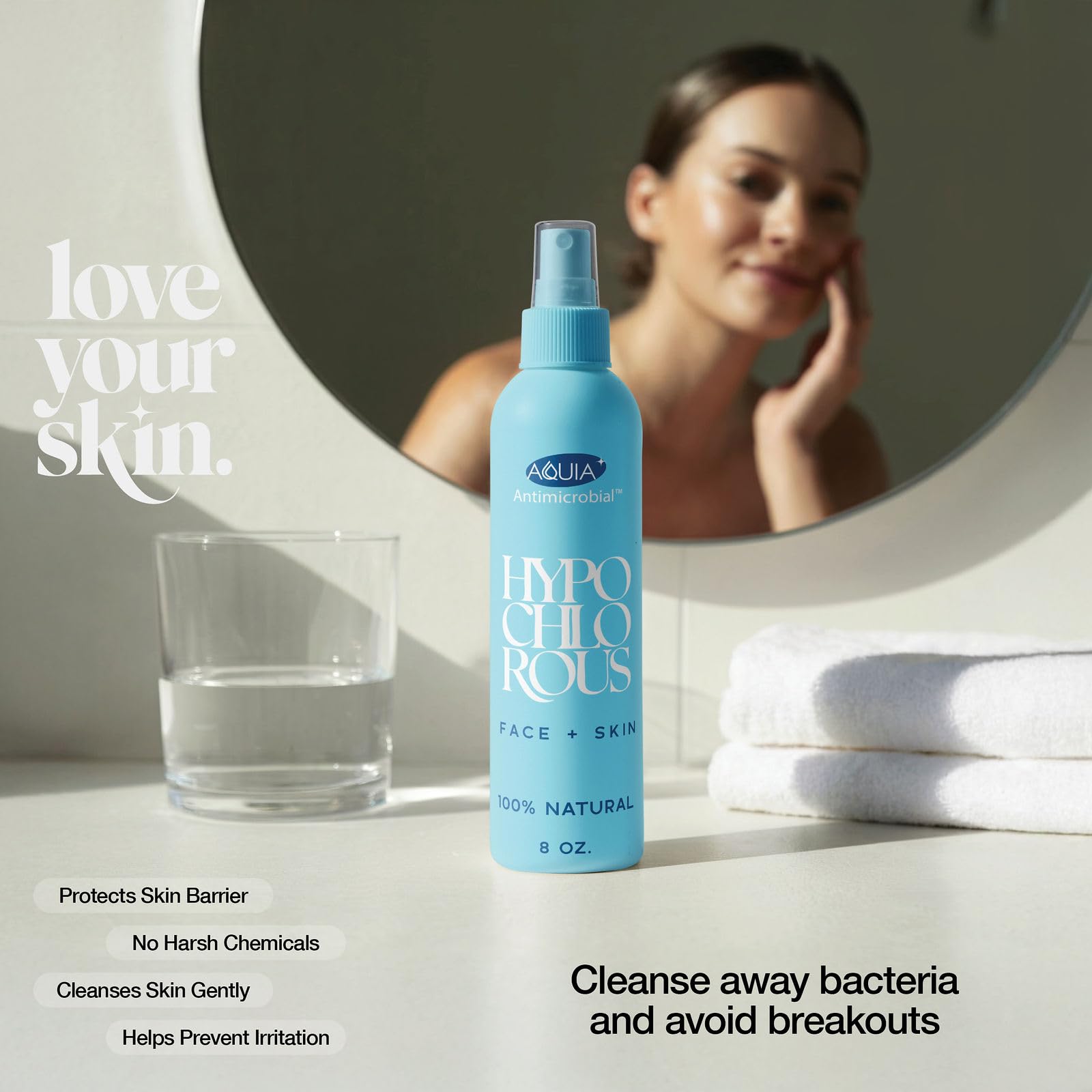 Aquia hypochlorous spray for eyes, face, and skin freshness.