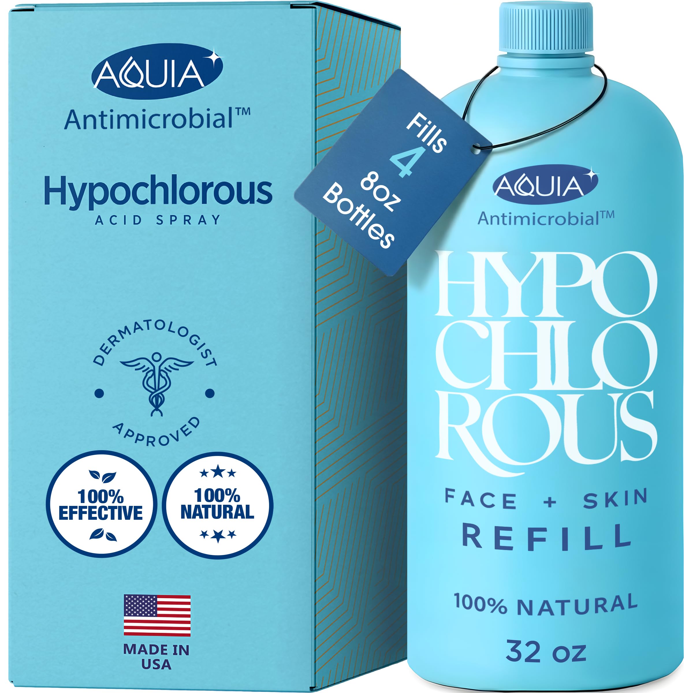 Aquia Hypochlorous spray bottle on a bathroom shelf for daily facial cleansing.