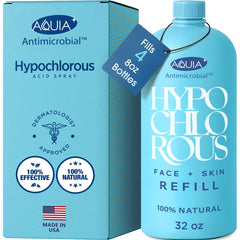 Aquia Hypochlorous spray bottle on a bathroom shelf for daily facial cleansing.