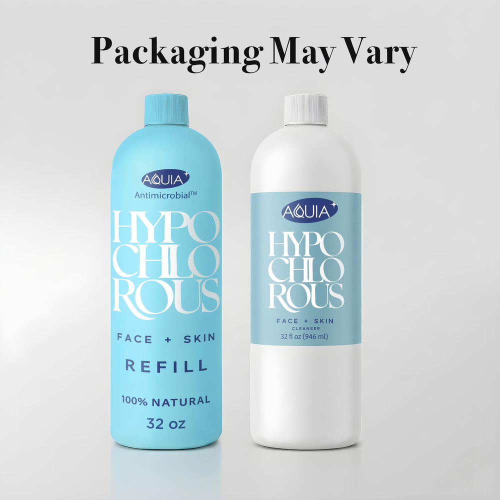 Close-up of Aquia Hypochlorous spray label on packaging.