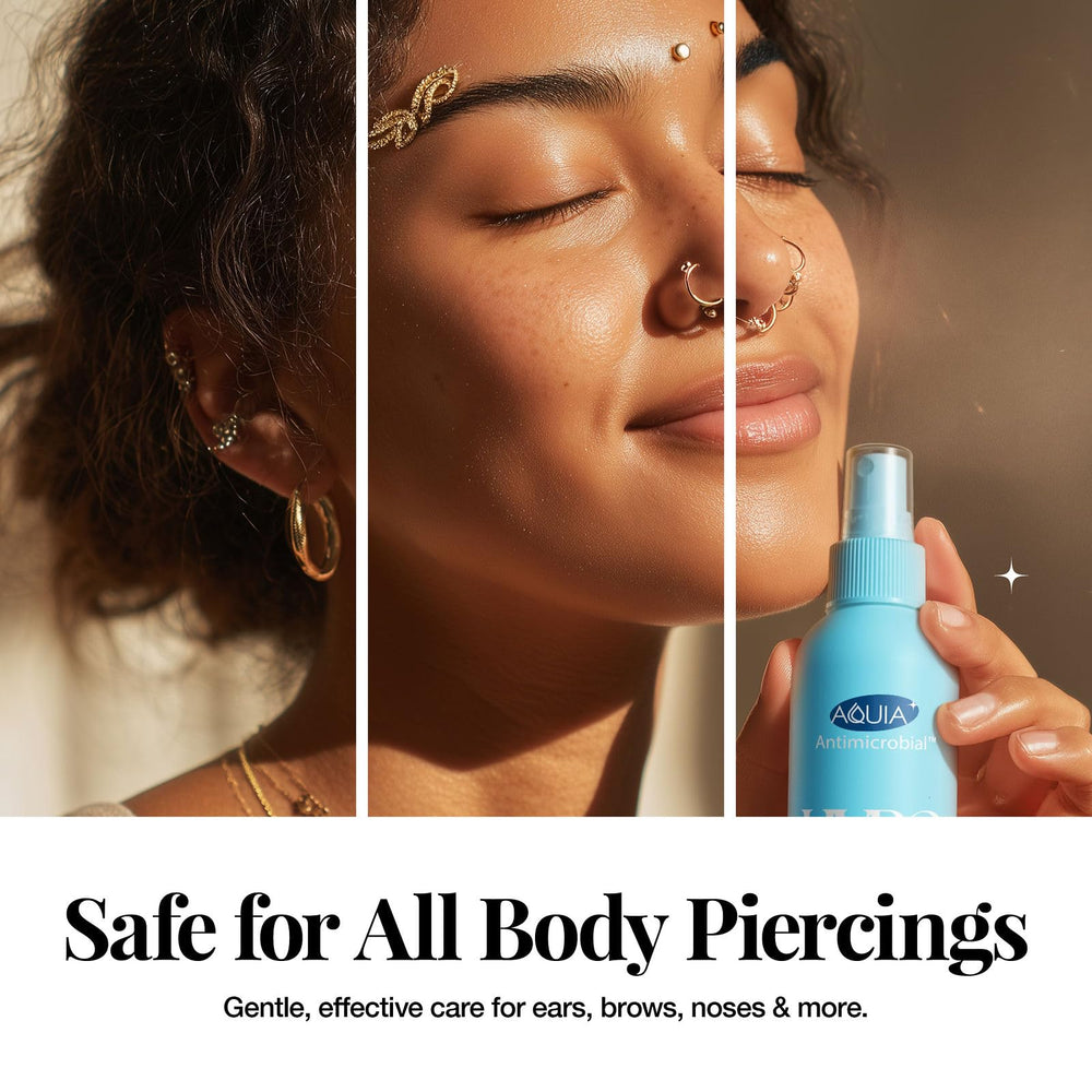 Piercing aftercare with Aquia Hypochlorous spray on a clean wound.