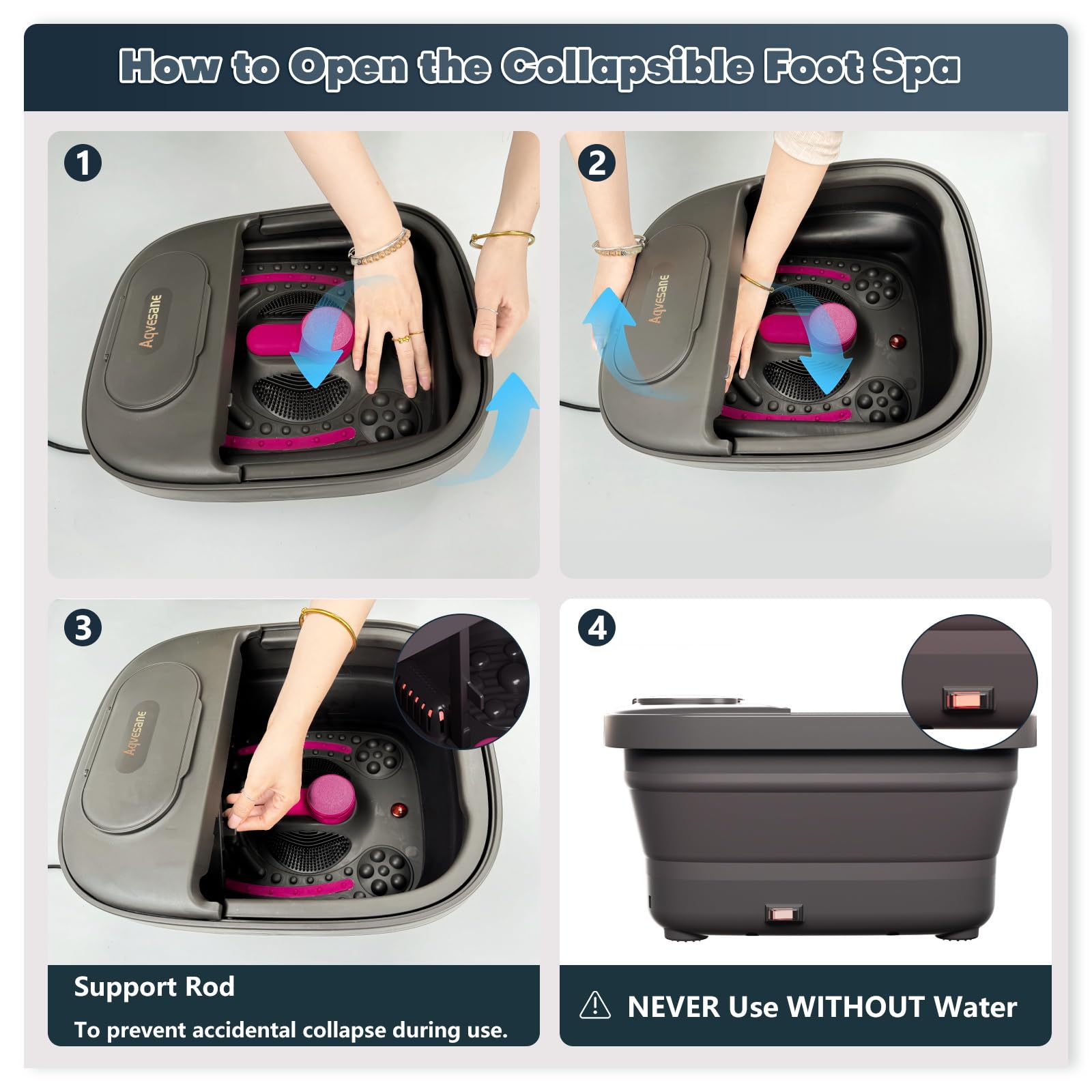 Aqvesane foot spa handle enables easy transport and placement.