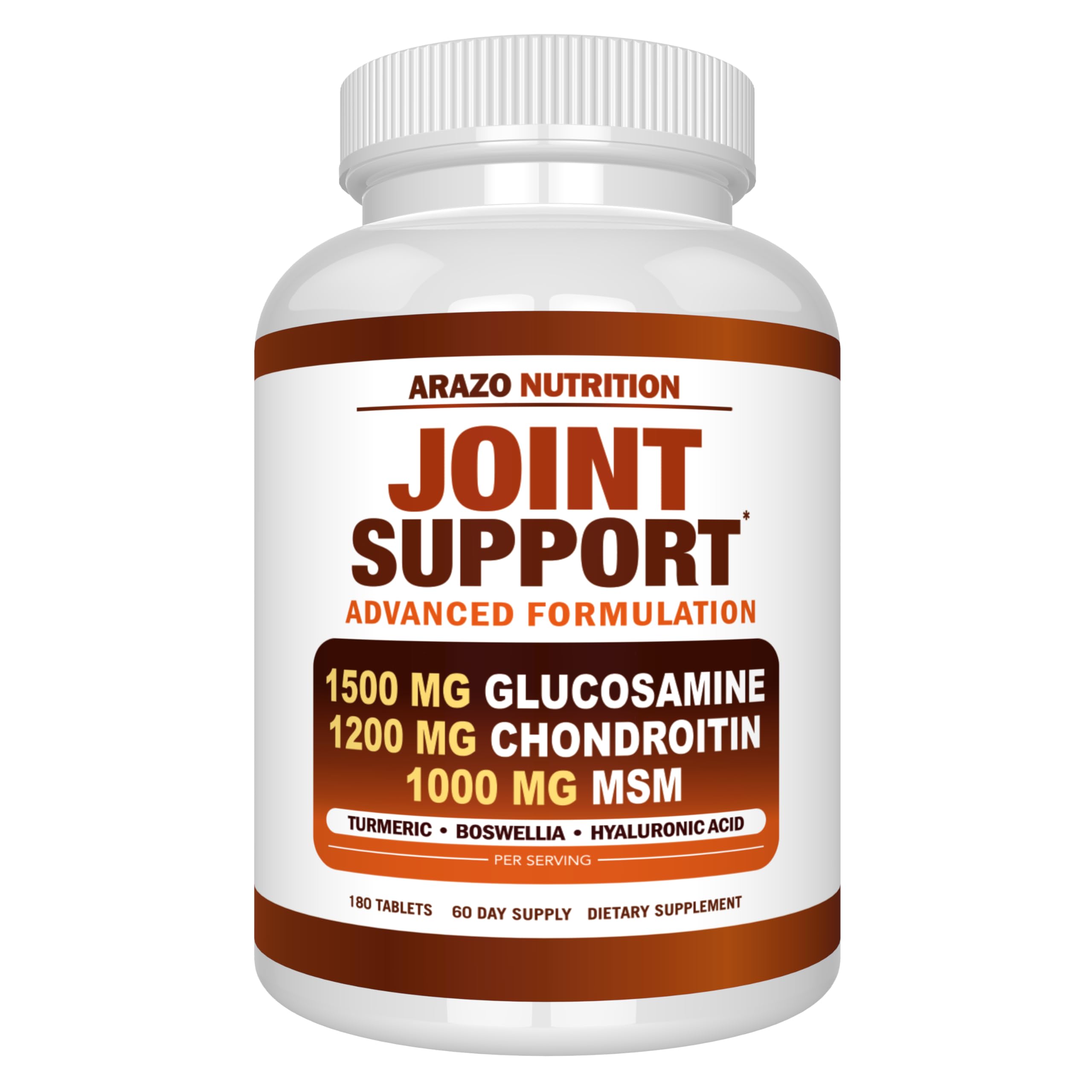 Arazo Nutrition glucosamine chondroitin turmeric MSM boswellia bottle shows joint support formula
