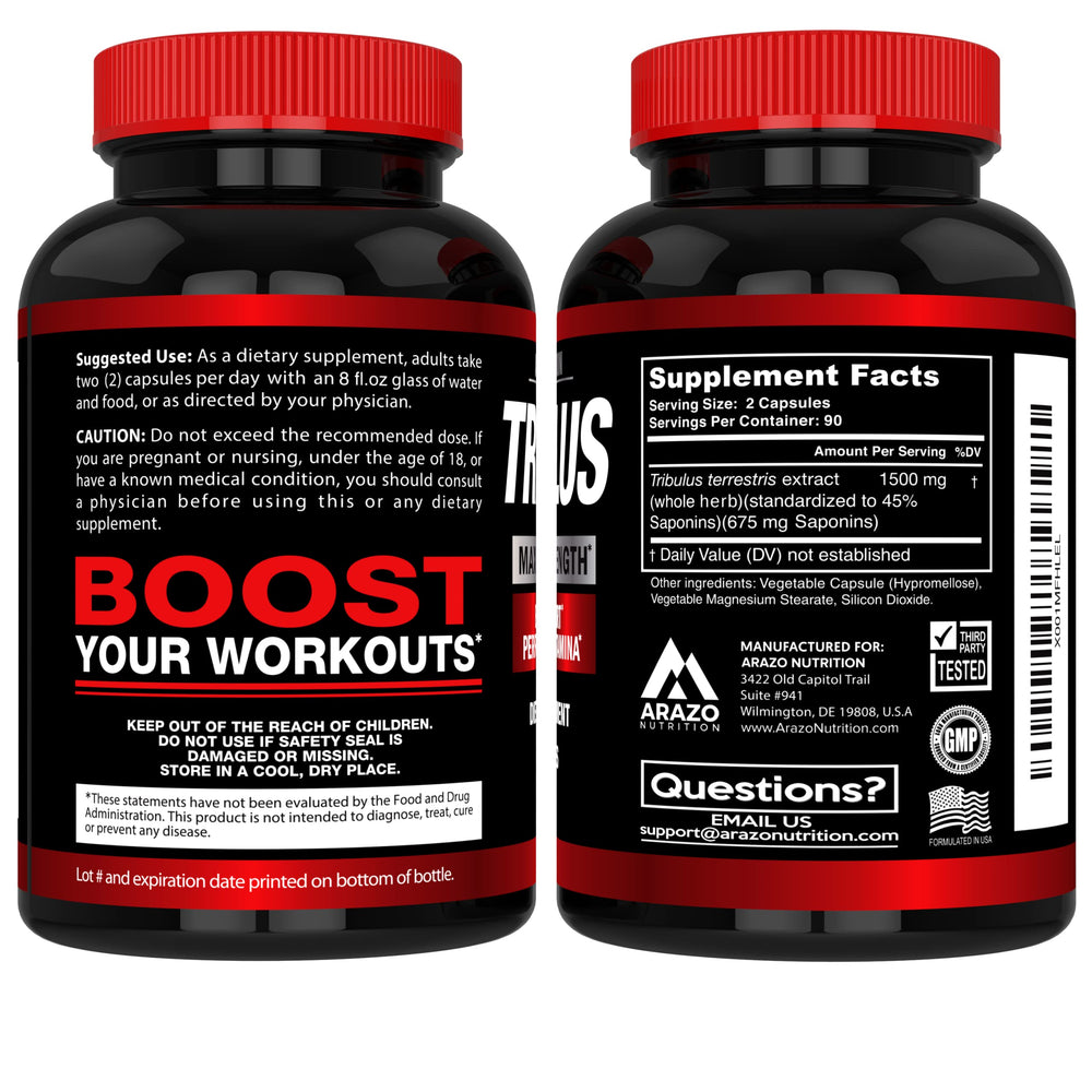 Arazo Nutrition Tribulus Terrestris 180 capsules pack highlighting value and long-term use