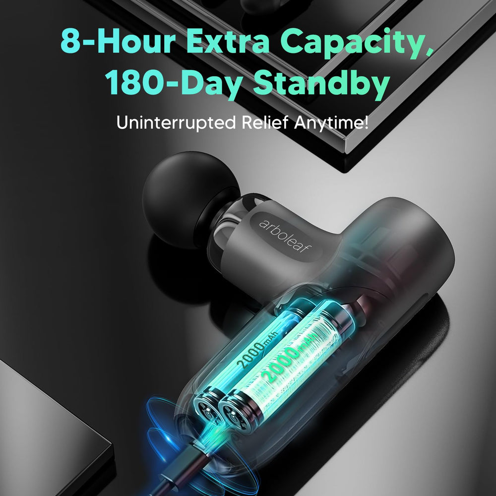 Arboleaf Mini Massage Gun features two 2000mAh batteries, up to 8 hours.