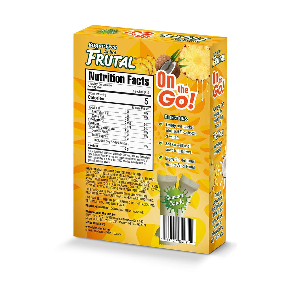 Arbol Frutal Pina Colada stick pack beside water bottle for travel flavor
