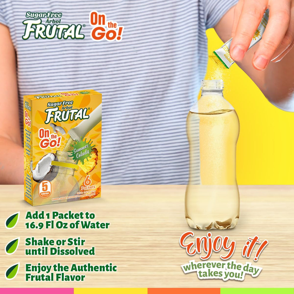 Arbol Frutal Pina Colada stick pack highlighting 5 calories per serving