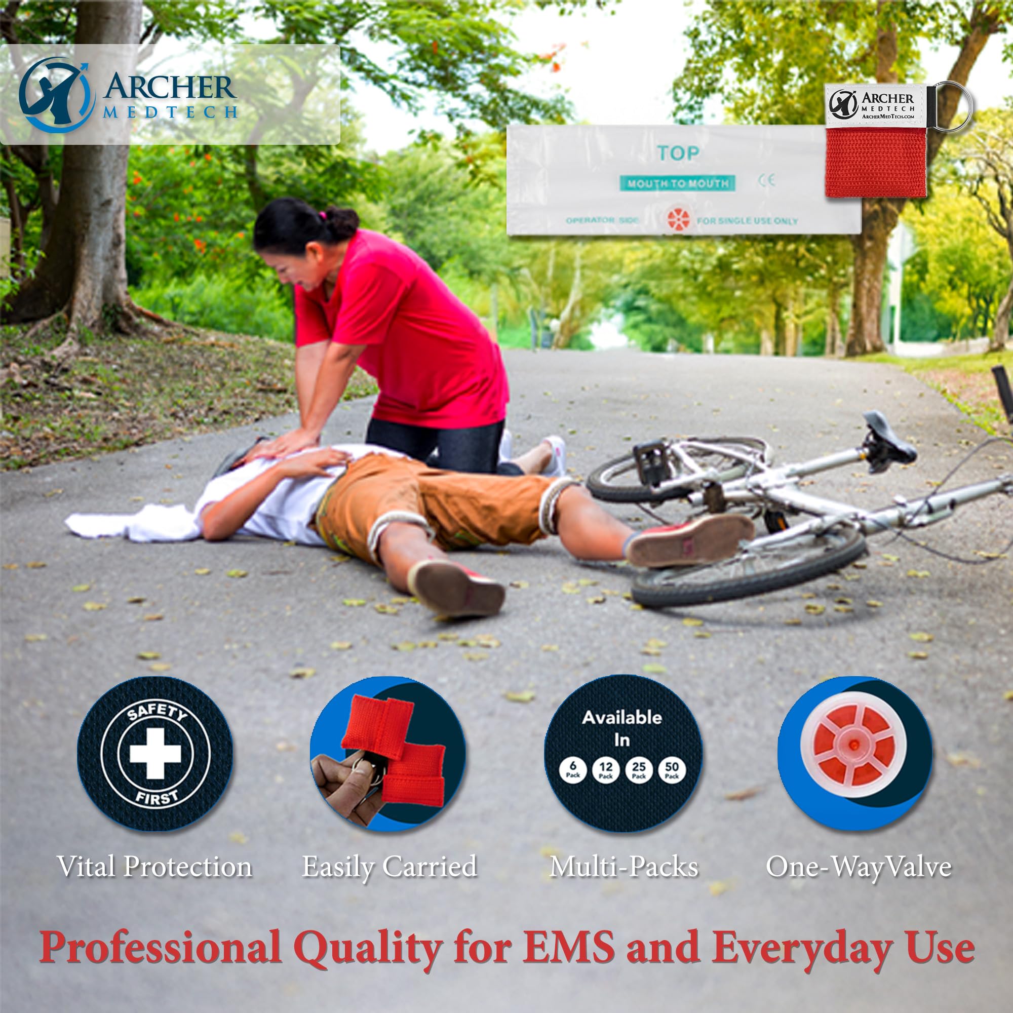 Archer MedTech one-way valve face shield for safe, controlled rescue breaths.
