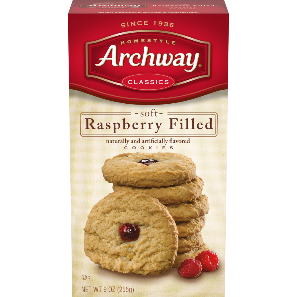Archway Raspberry Filled Cookies box front: nostalgic snack with Archway quality