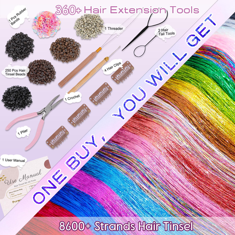 Arcpor Hair Tinsel included tools: crochet needle, threader, and plier for DIY.