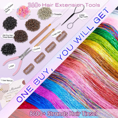 Arcpor Hair Tinsel included tools: crochet needle, threader, and plier for DIY.