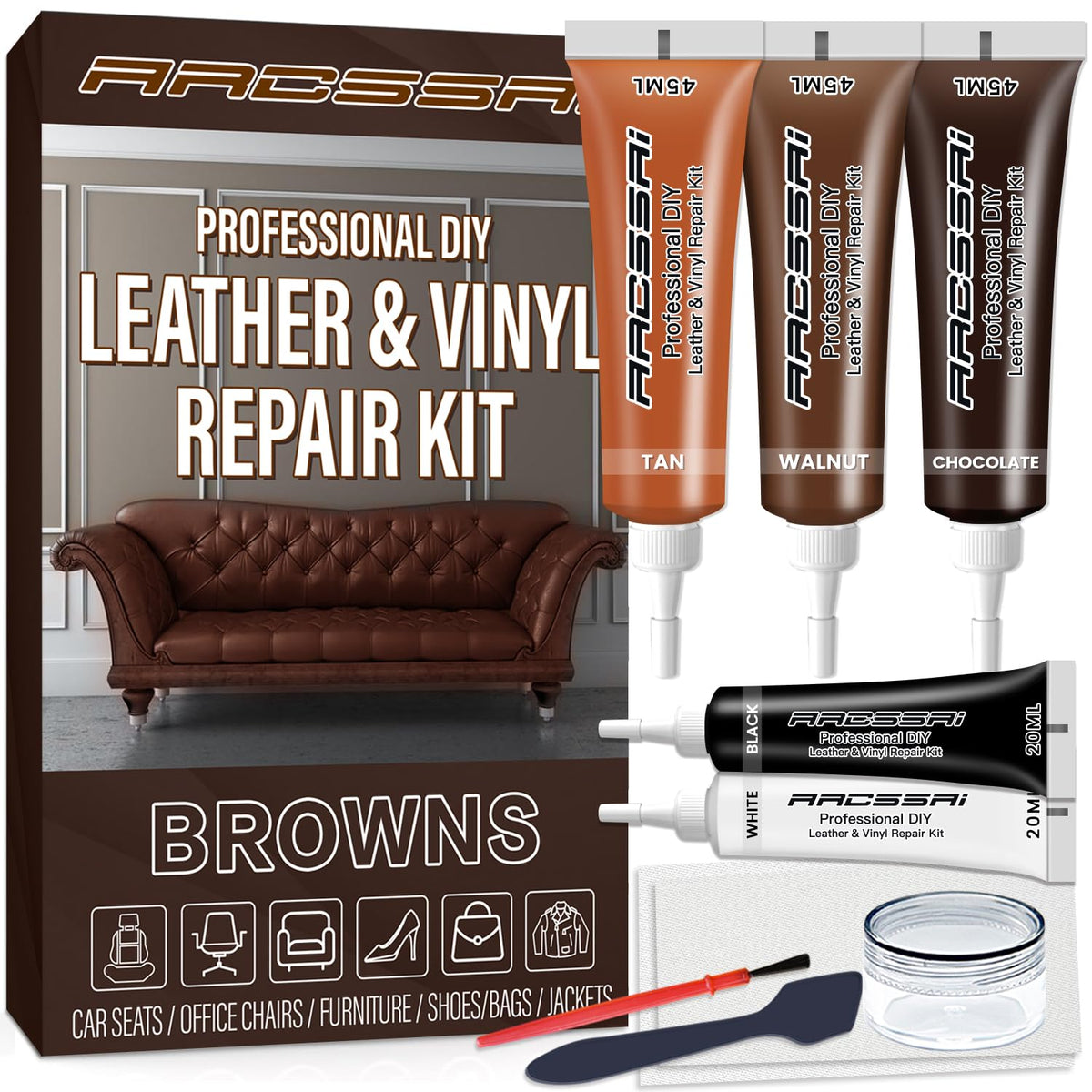 ARCSSAI ARCSSAL brown repair kit bottle with color-matching solution for furniture touch-ups.