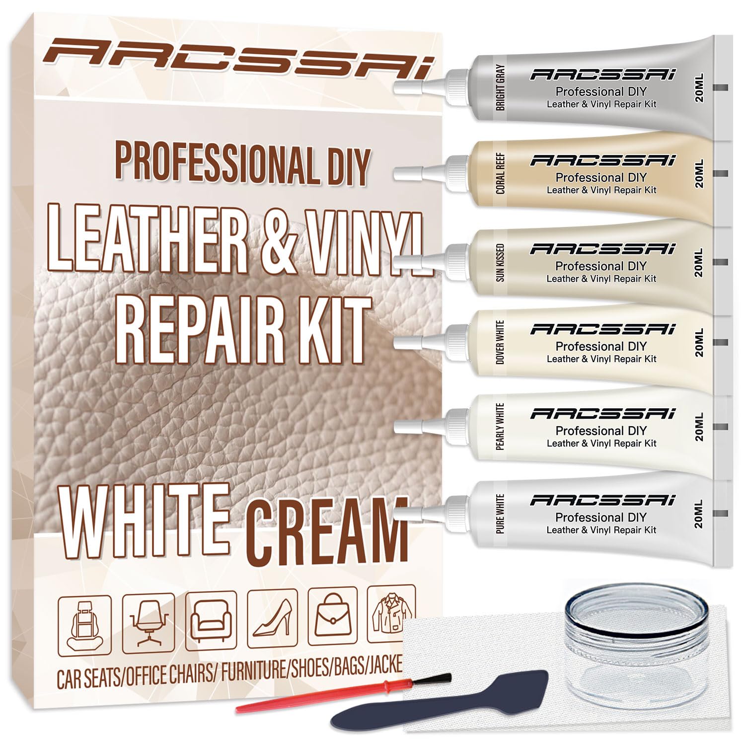 ARCSSAI ARCSSAL cream leather repair kit packaging with clear instructions for quick fixes