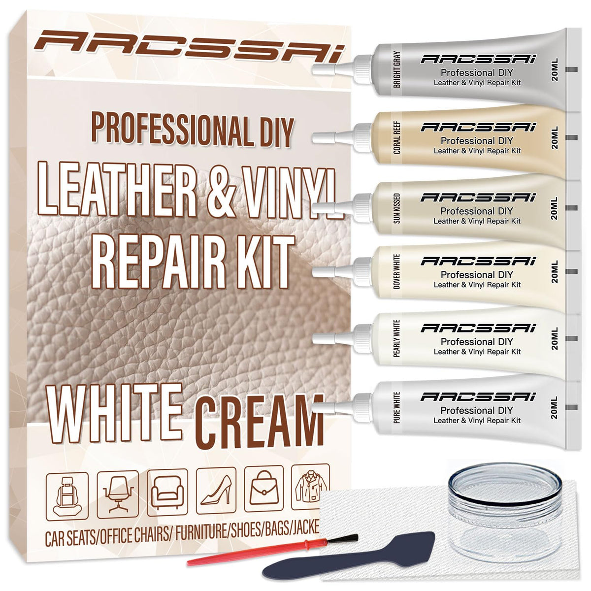 ARCSSAI ARCSSAL cream leather repair kit packaging with clear instructions for quick fixes