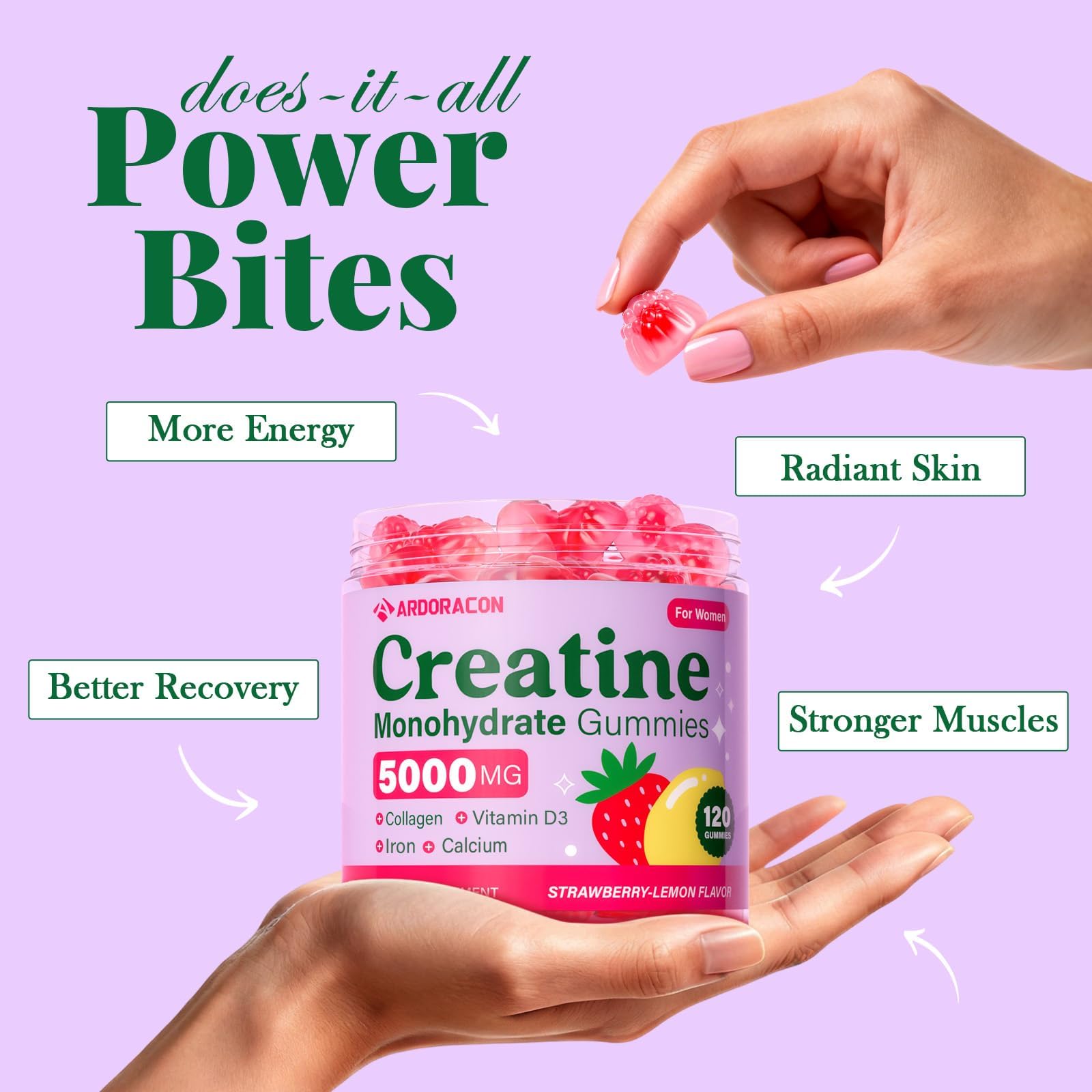 ARDORACON Creatine for Women collagen detail showing skin and joints support.