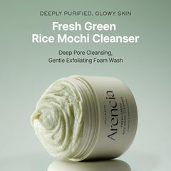ARENCIA Korean Rice Mochi Cleanser foam closeup highlighting soft exfoliating lather.