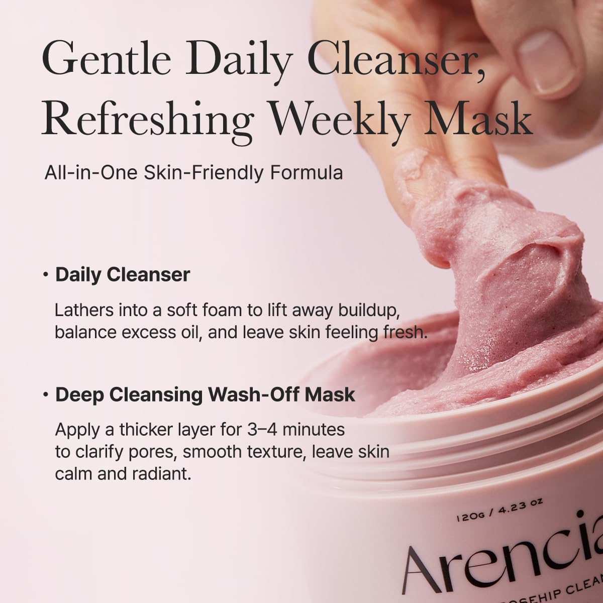 ARENCIA Rosehip Brightening Rice Mochi daily-use image suggests all-skin-types suitability.