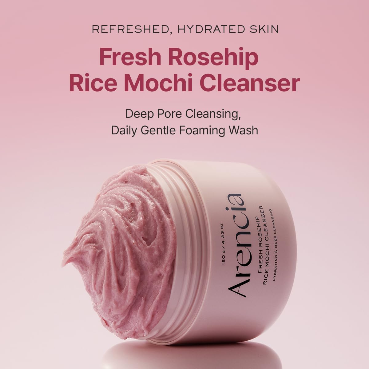 ARENCIA Rosehip Brightening Rice Mochi Face Cleanser foam forming a light lather for sensitive skin.