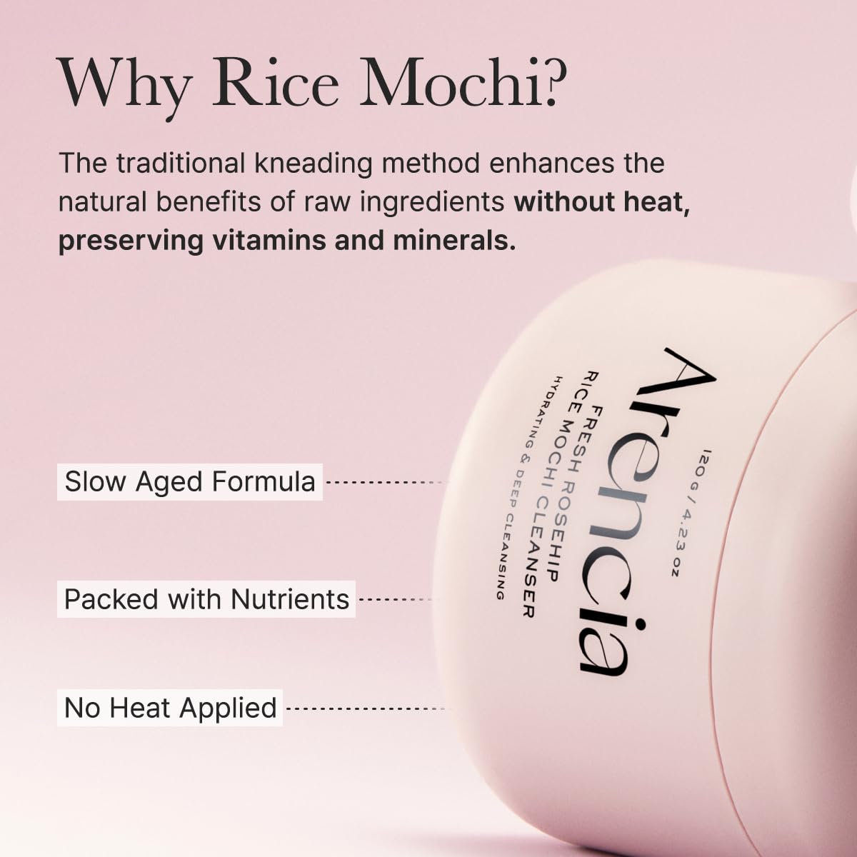 ARENCIA Rosehip Brightening Rice Mochi packaging on shelf communicates brand identity.
