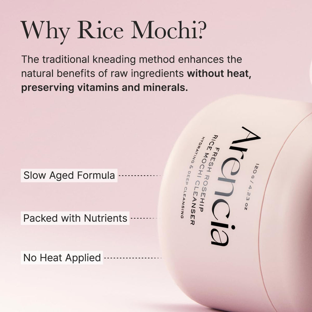 ARENCIA Rosehip Brightening Rice Mochi packaging on shelf communicates brand identity.