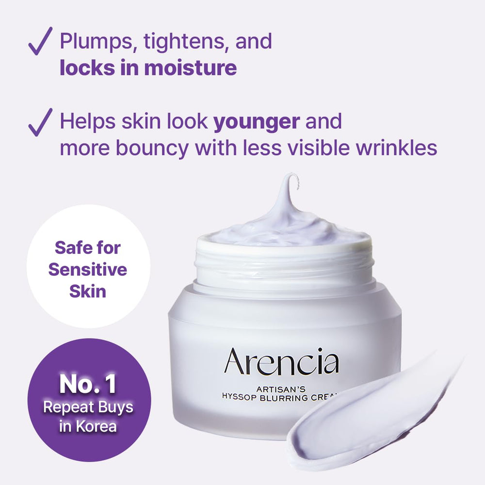 ARENCIA Hyssop Blurring Cream bottle pump shows easy nightly skincare routine.