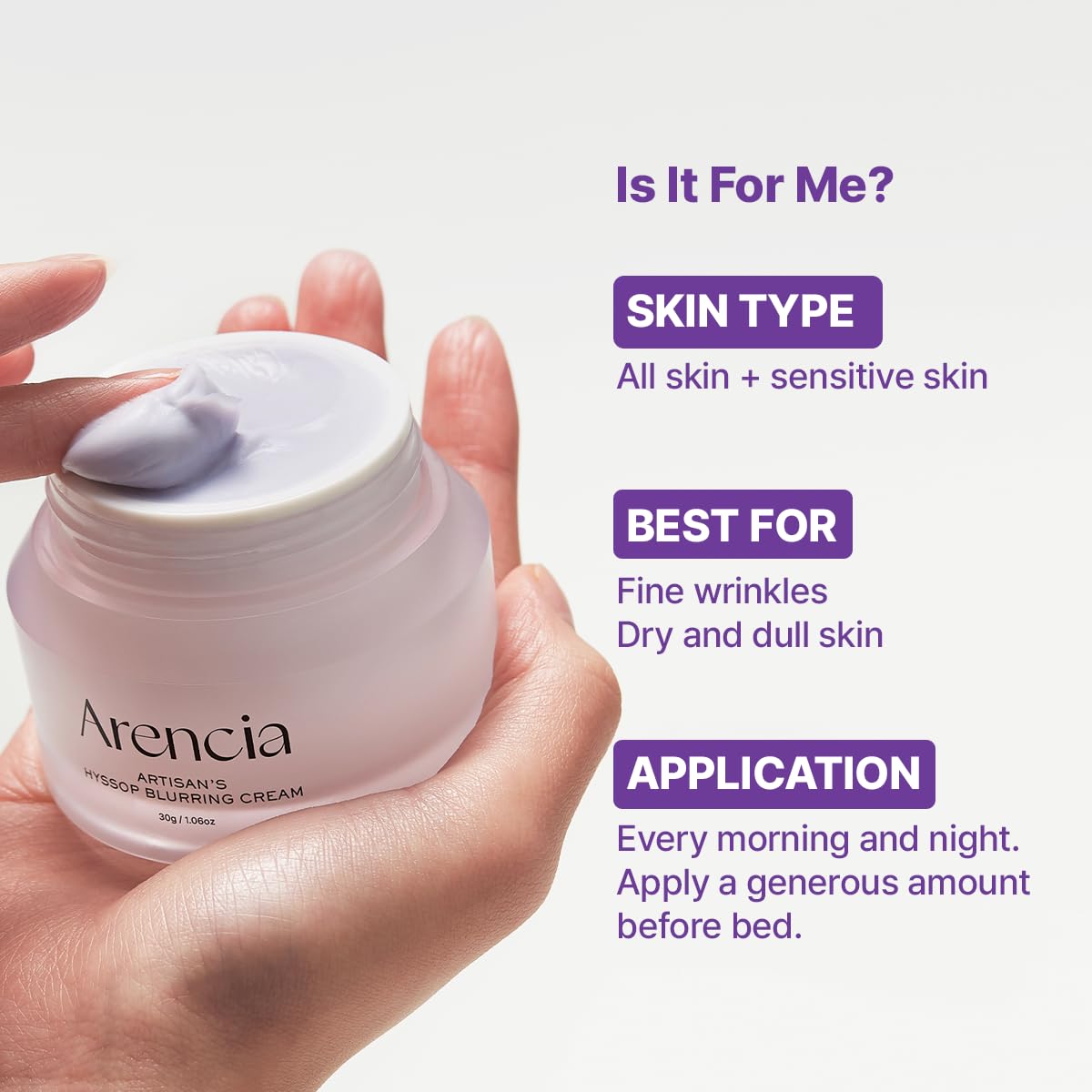 ARENCIA Hyssop Blurring Cream night ritual setup suggesting overnight nourishment.