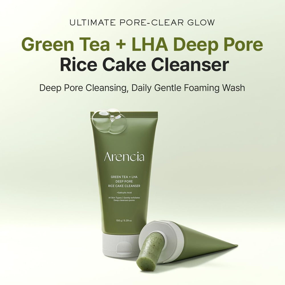 ARENCIA cleanser texture closeup highlights chewy rice cake feel for gentle daily cleansing.