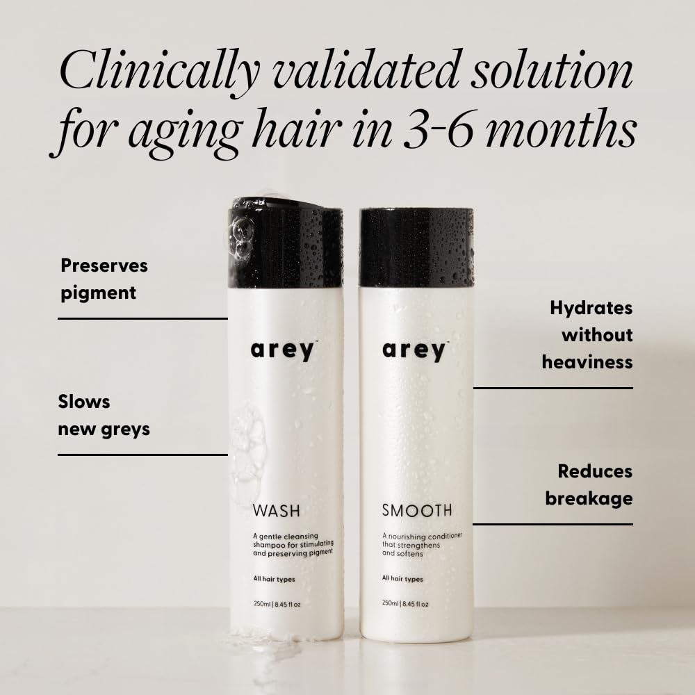 Arey Shower Duo conditioner bottle emphasizing hydration and breakage resistance.