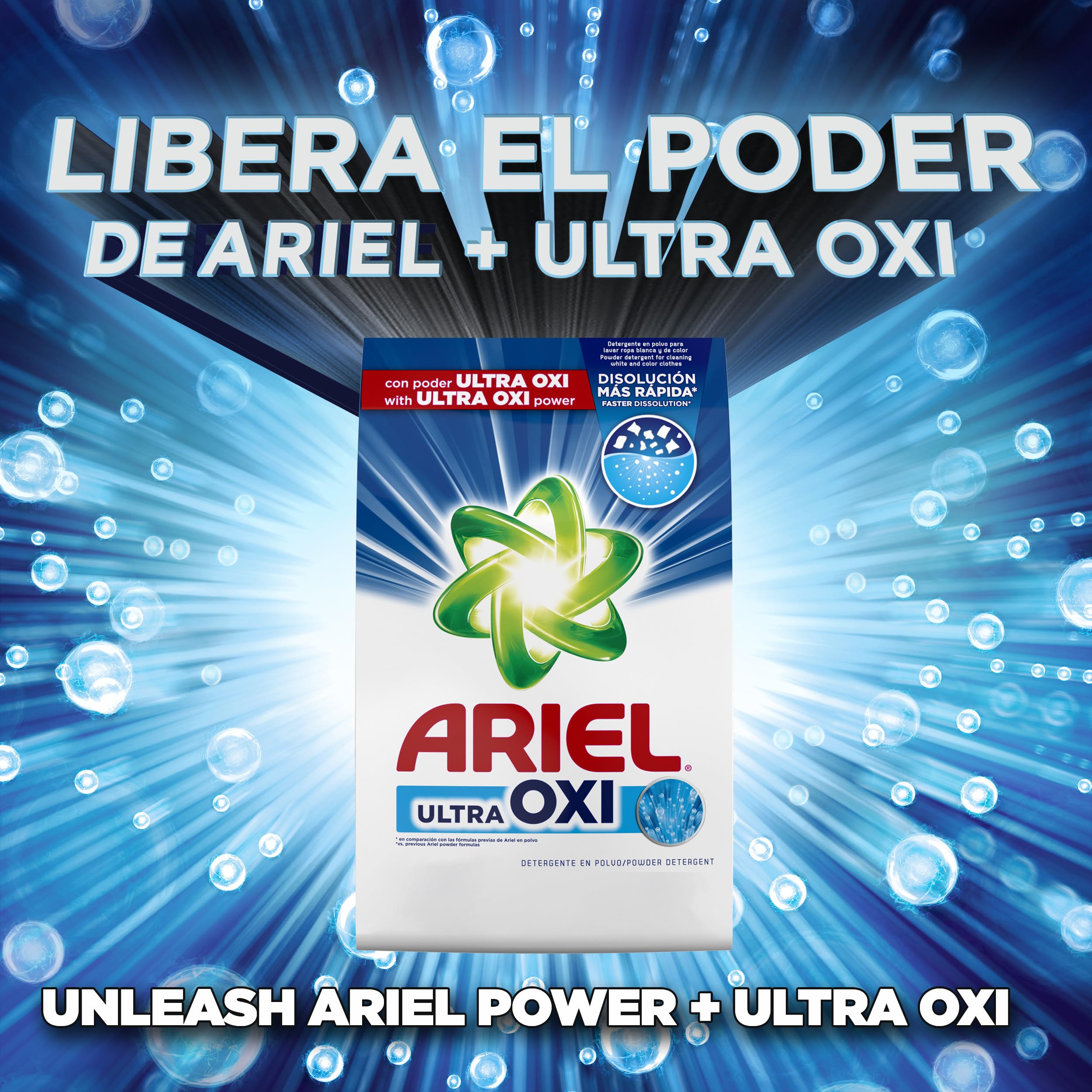 ARIEL Ultra Oxi Powder bottle front shows economy for 66 loads.